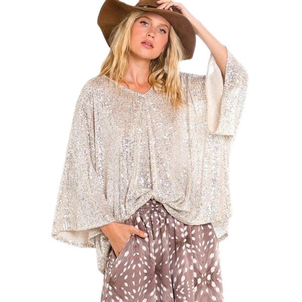 BUCKETLIST Sequin Draped Tunic Top in Champagne